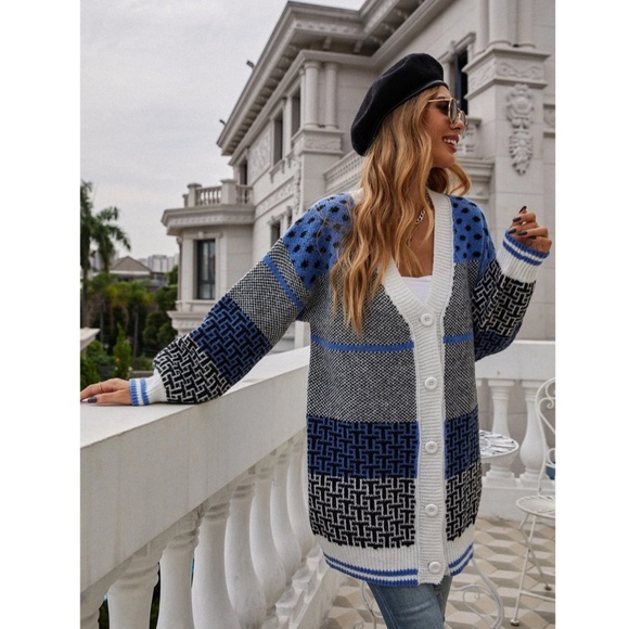 Printed Oversized Button Up V-Neck Cardigan Blue Grey White Black Lantern Sleeve - Picture 2 of 8